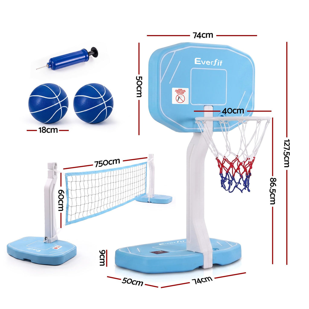 Everfit 2 in 1 Pool Basketball Hoop Volleyball Net Set Water Sports Game Combo Weighted Base Blue