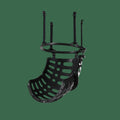 Black basketball hoop rebounder with mesh design on a white background