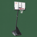 A portable basketball hoop with a black metal pole and base, a white backboard, and a red rim with white net, shown against a solid green background.