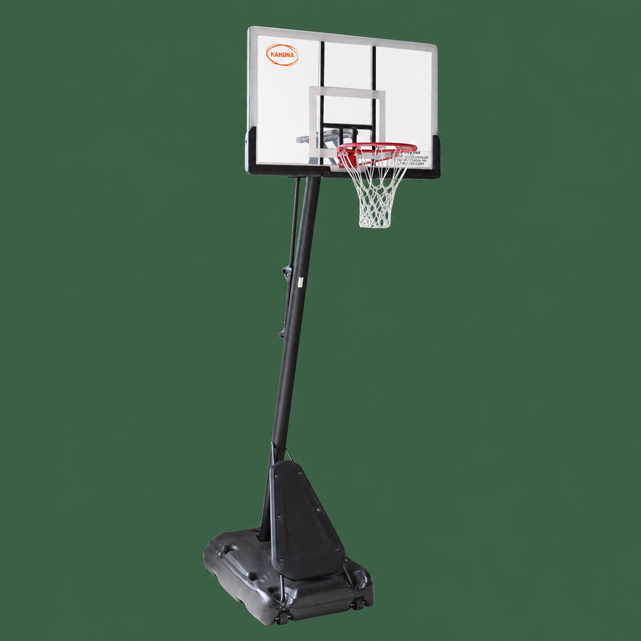 A portable basketball hoop with a black metal pole and base, a white backboard, and a red rim with white net, shown against a solid green background.