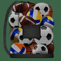 A black mesh drawstring bag filled with sports balls, including soccer balls, volleyballs, and basketballs, shown against a solid green background.