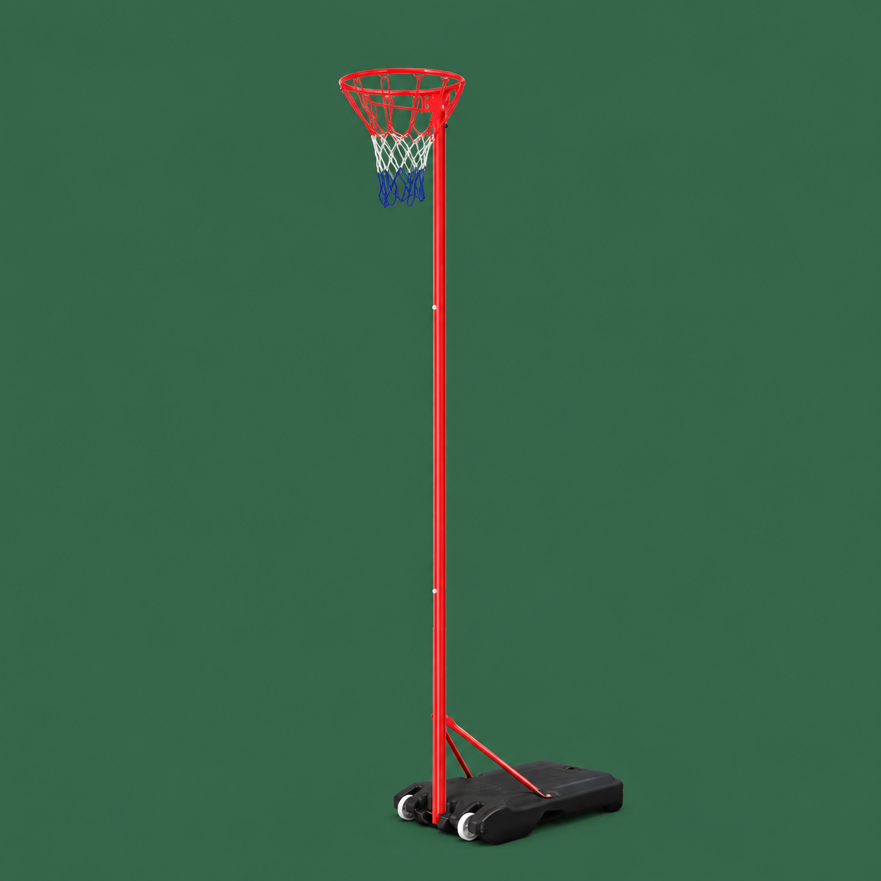 A portable netball hoop with a red metal frame, white net, blue hanging balls, and a black wheeled base, shown against a solid green background.