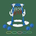 Basketball hoop set with blue and white design, including basketballs and colourful rings on a white background.