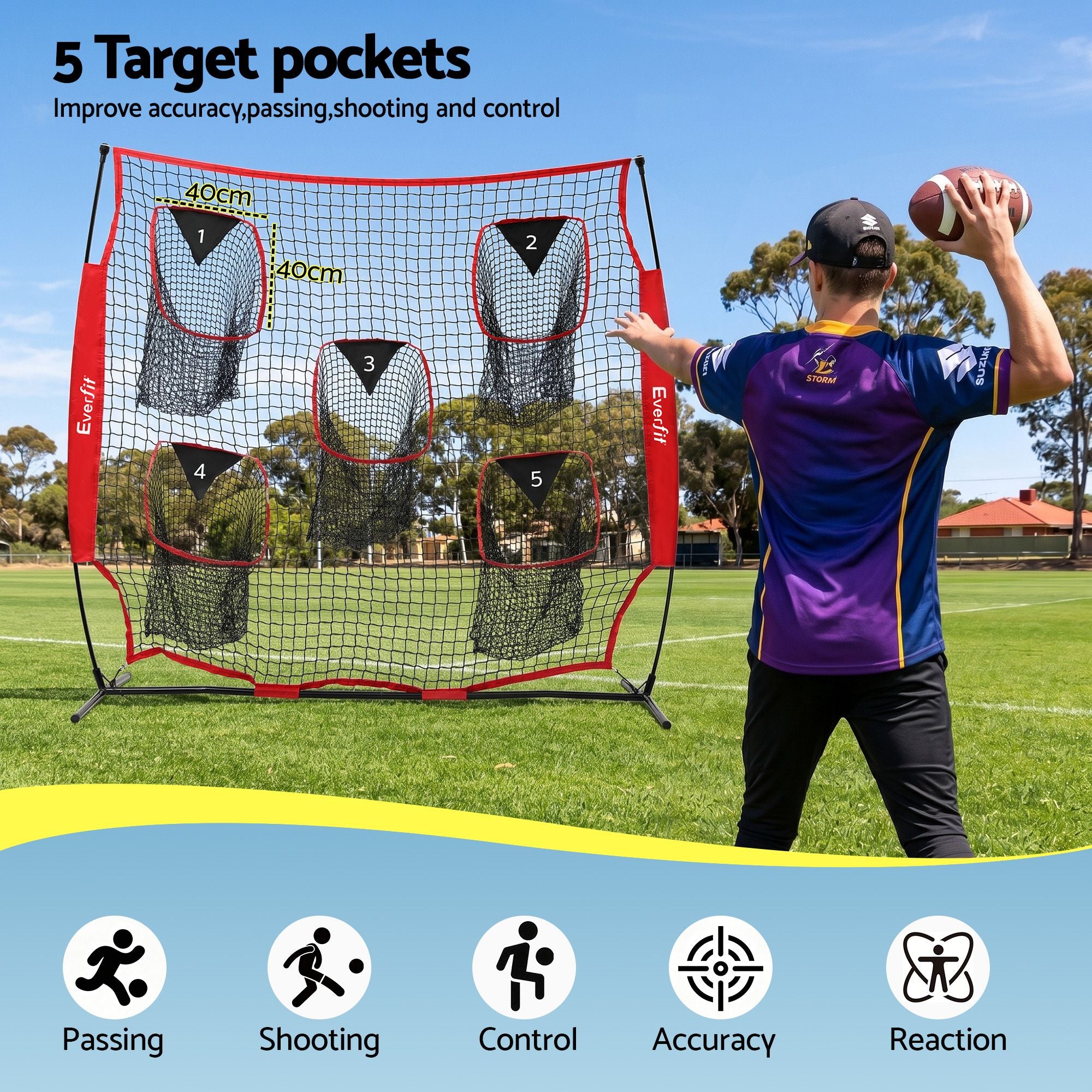 Everfit 1.8m Football Training Net 5 Target Portable Soccer Goal Nets Rebounder