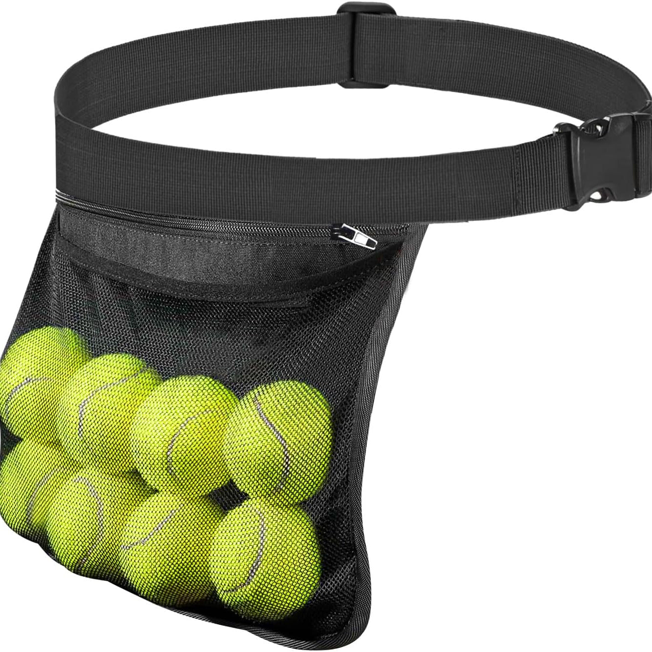 Black waist bag filled with tennis balls on a white background
