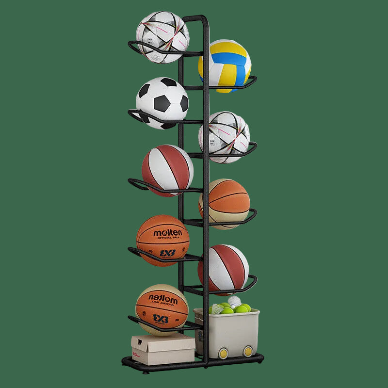 Basketball and soccer ball rack in a gym setting with various sports balls and equipment.