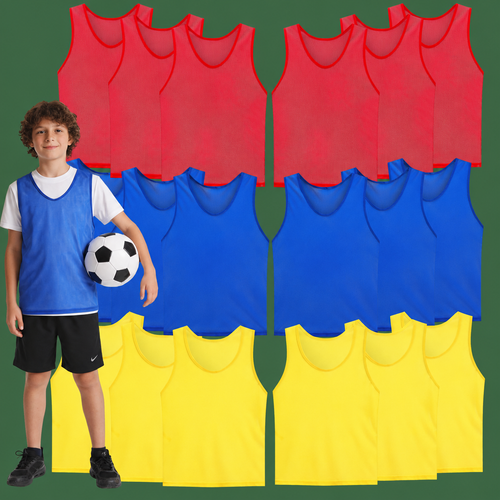 Four rows of athletic training bibs in red, blue, and yellow, shown alongside a young boy wearing a blue bib over a white t-shirt and holding a soccer ball, set against a solid green background.