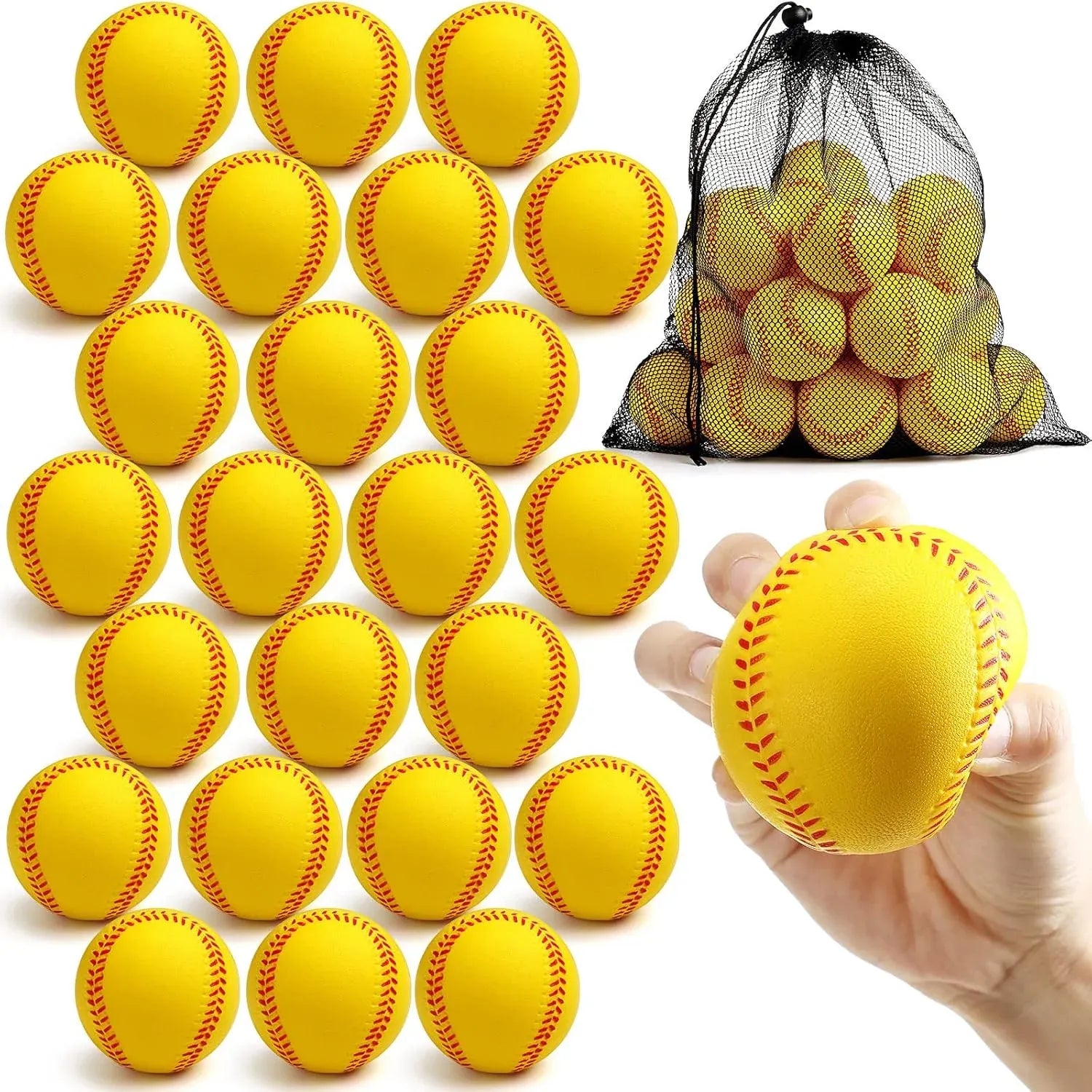 24 Pcs Soft Foam Baseballs, PU Training Practice Balls for Youth Batting Drills with Bag, Yellow