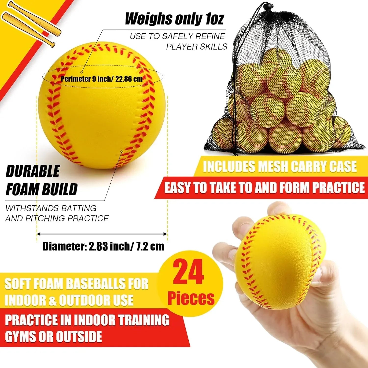 24 Pcs Soft Foam Baseballs, PU Training Practice Balls for Youth Batting Drills with Bag, Yellow