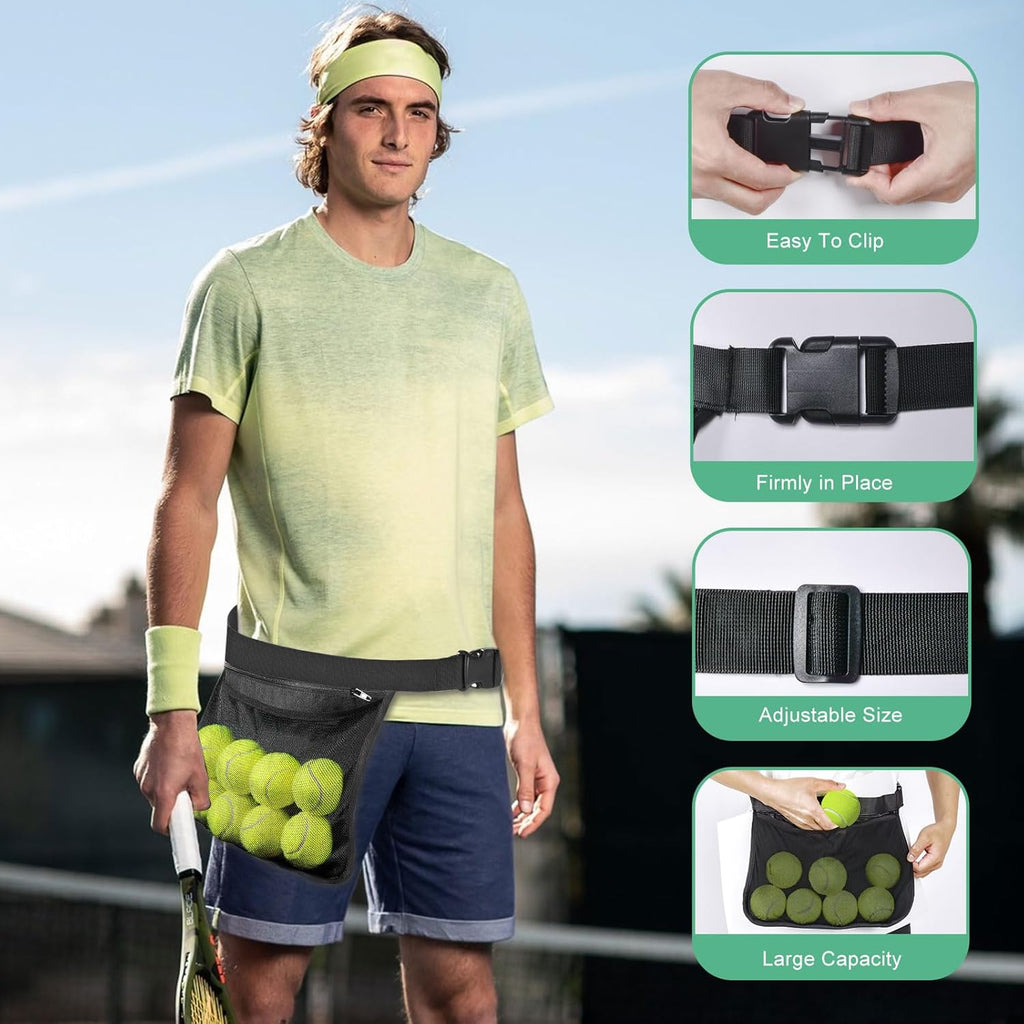 Tennis Ball Holder Ball Bag, Adjustable Pickleball Waist Pouch Holder, Pickleball Bags Holding 8-10 Tennis or Pickleball, Waist Hip Bag for Tennis, Cycling, Golf
