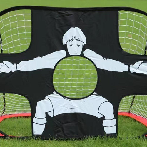 Soccer goal with a cartoon goalkeeper design on a grass field