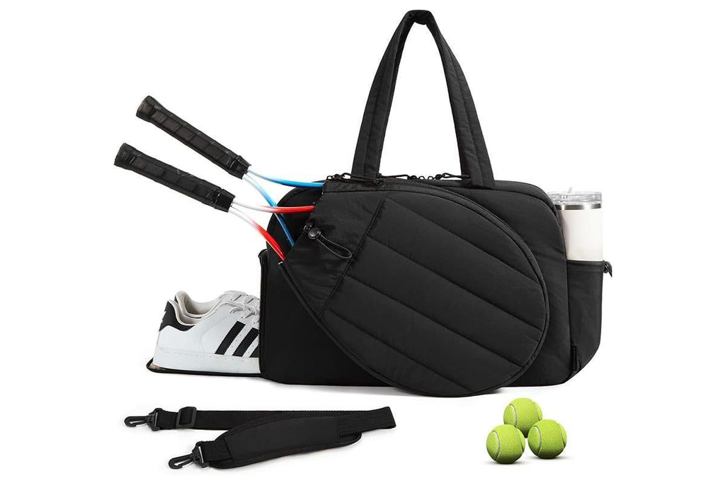 Womens Tennis Gym Bag Sports Tote Fits Two Rackets with Shoe Compartment - Black