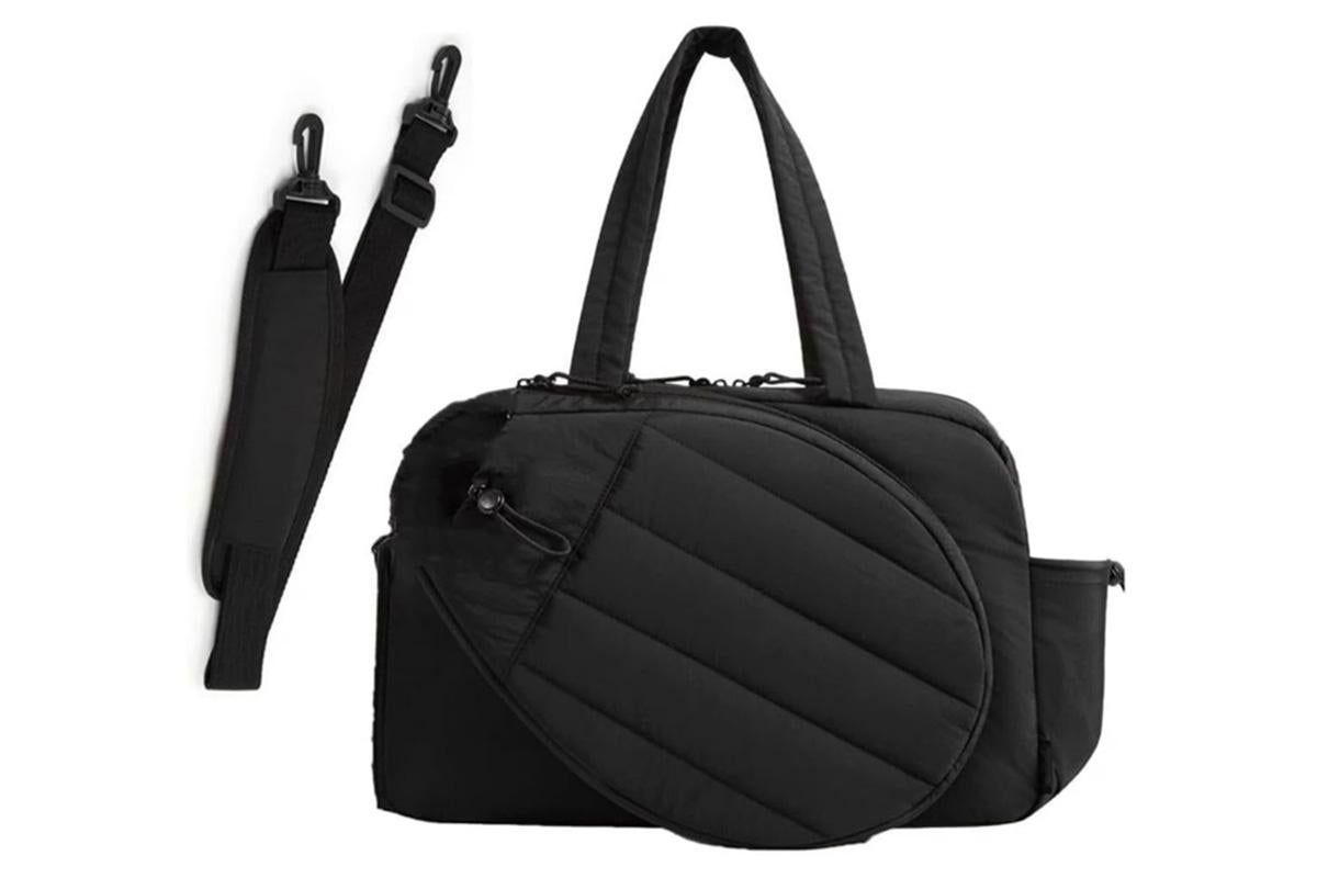 Womens Tennis Gym Bag Sports Tote Fits Two Rackets with Shoe Compartment - Black