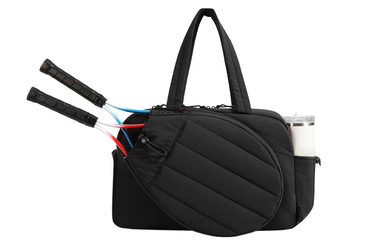 Womens Tennis Gym Bag Sports Tote Fits Two Rackets with Shoe Compartment - Black
