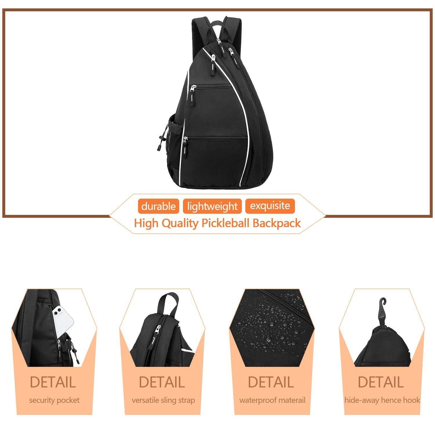 Pickleball Backpack Adjustable Sling Bag With Fence Hook And Large Capacity - Black