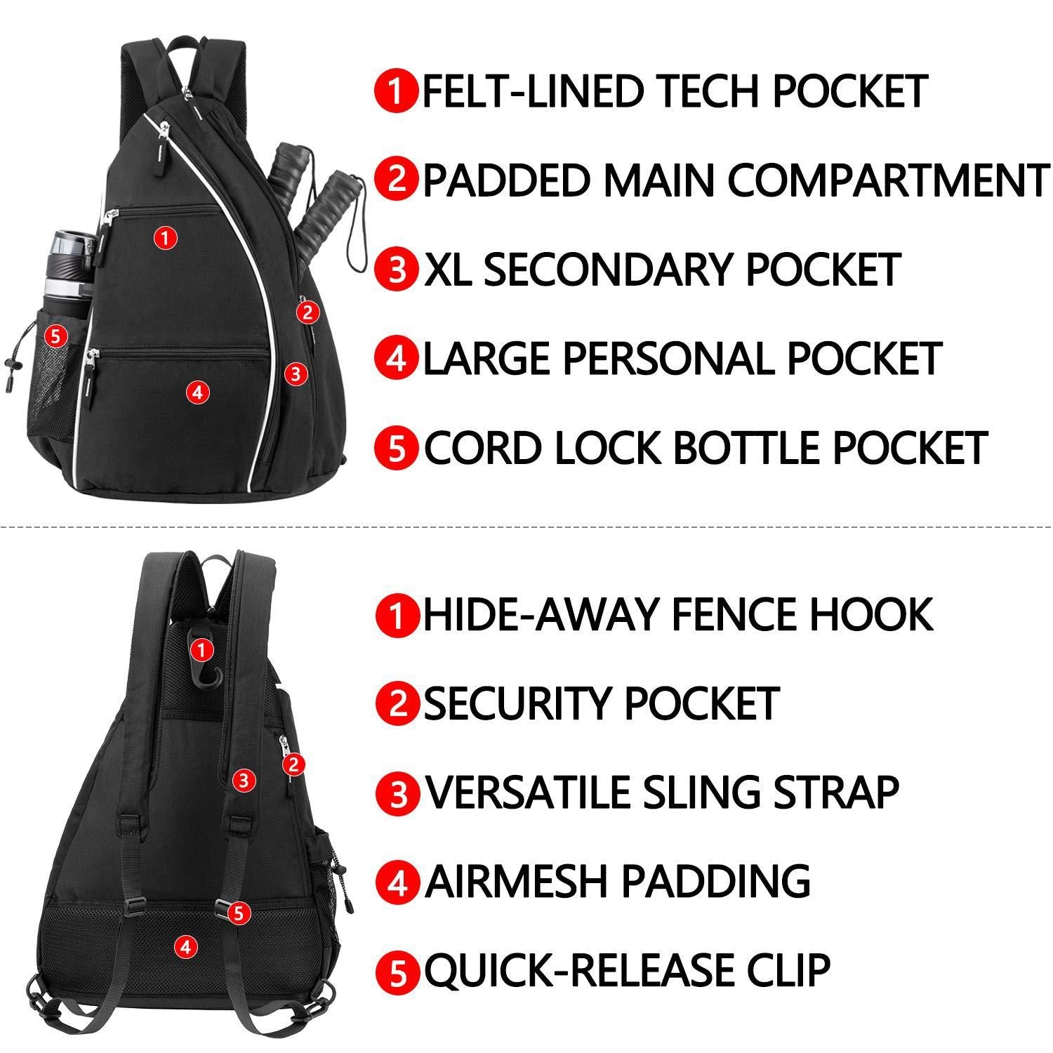 Pickleball Backpack Adjustable Sling Bag With Fence Hook And Large Capacity - Black
