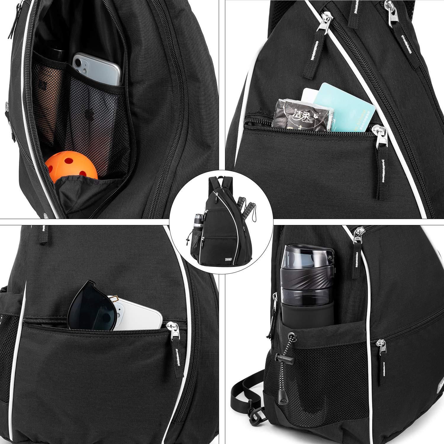 Pickleball Backpack Adjustable Sling Bag With Fence Hook And Large Capacity - Black