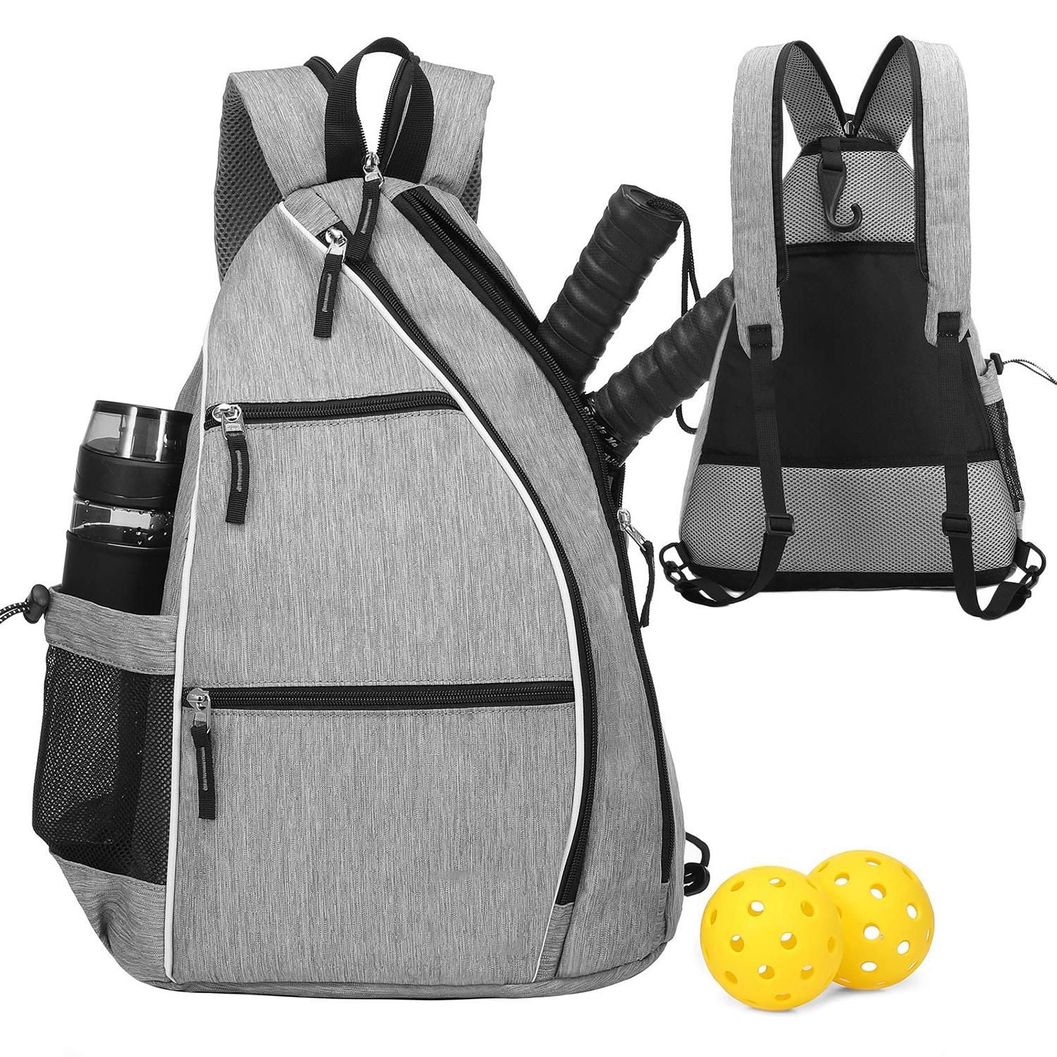 Pickleball Backpack Adjustable Sling Bag With Fence Hook And Large Capacity - Gray