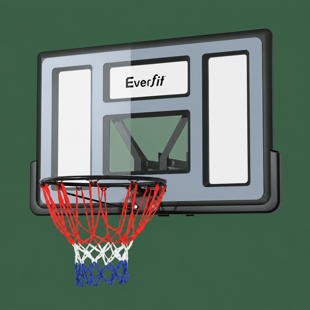 An Everfit basketball backboard with a black rim and a red, white, and blue net, shown against a solid dark green background.