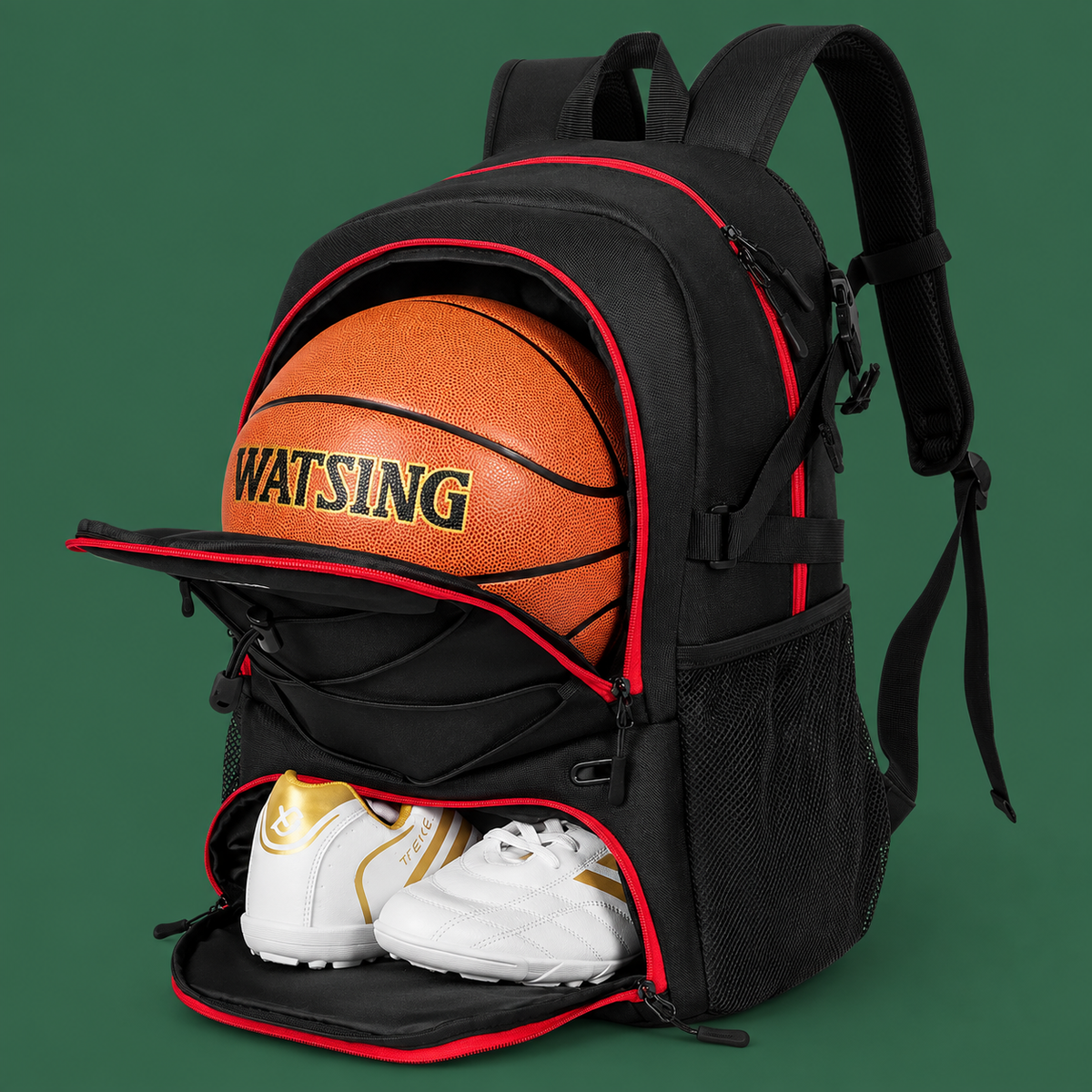 Black and red basketball backpack with sneaker compartment on Court District green