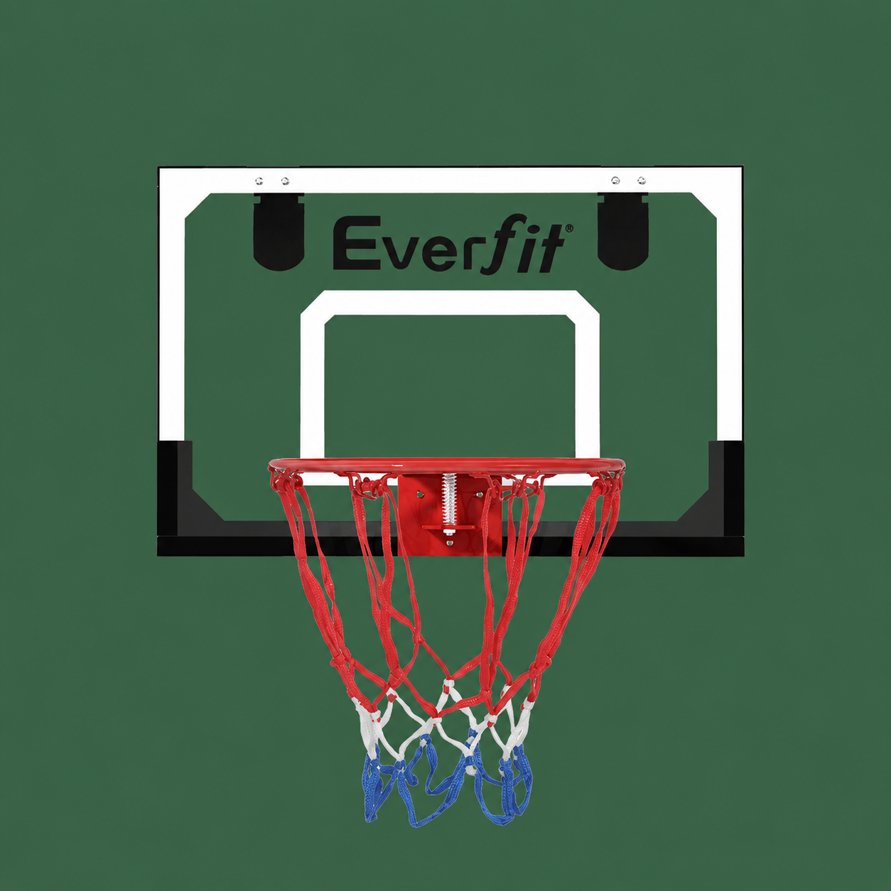 An Everfit basketball backboard with a red rim and net, shown against a solid dark green background.