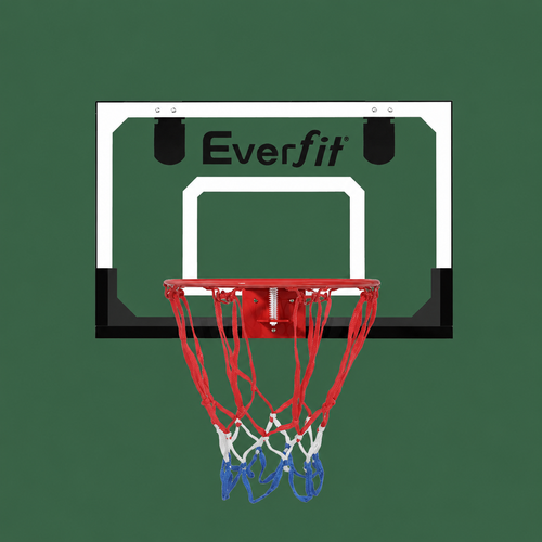 An Everfit basketball backboard with a red rim and net, shown against a solid dark green background.