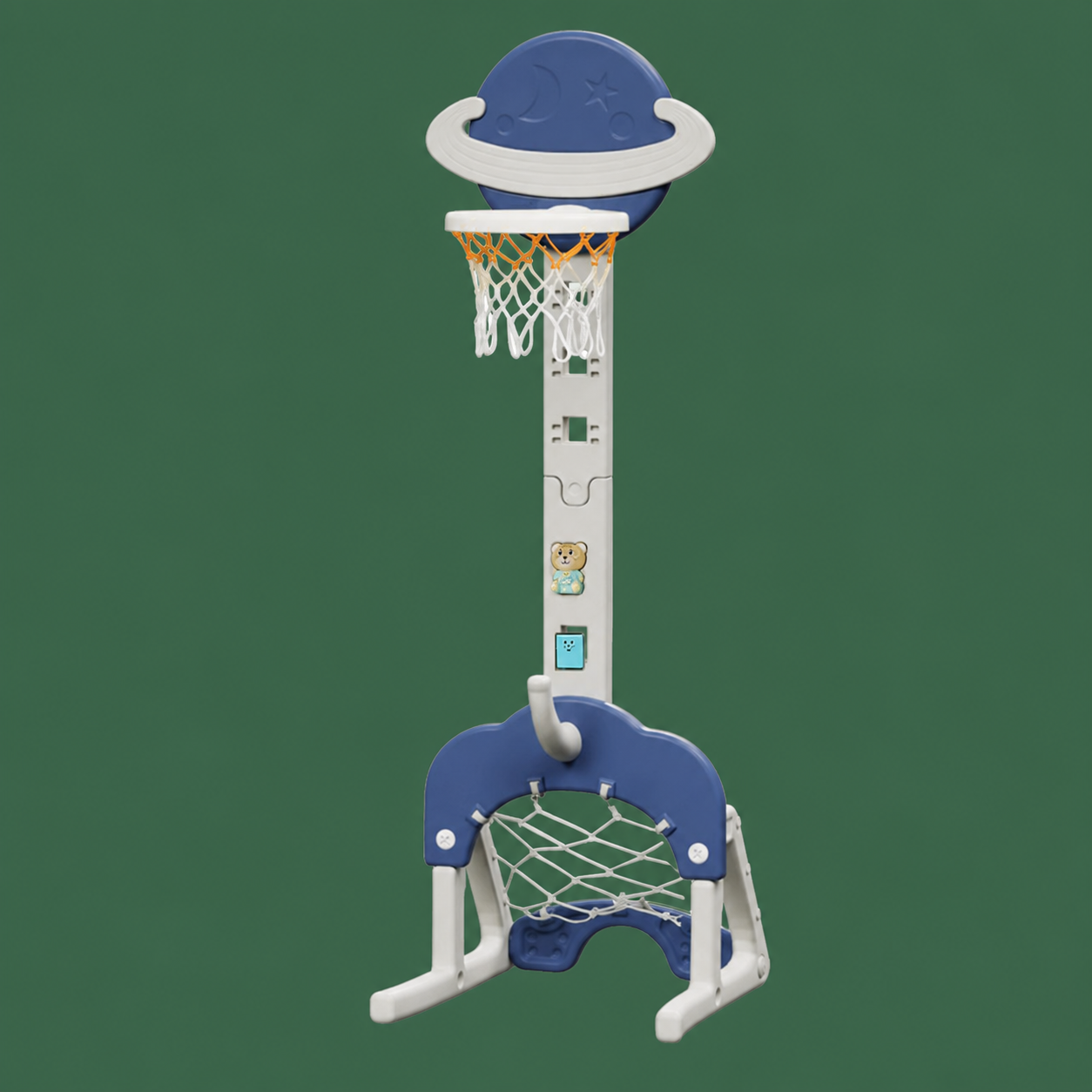 A children's basketball hoop and net toy set with a blue basketball, white rim and net, and blue-and-white support base, shown on a solid green background.
