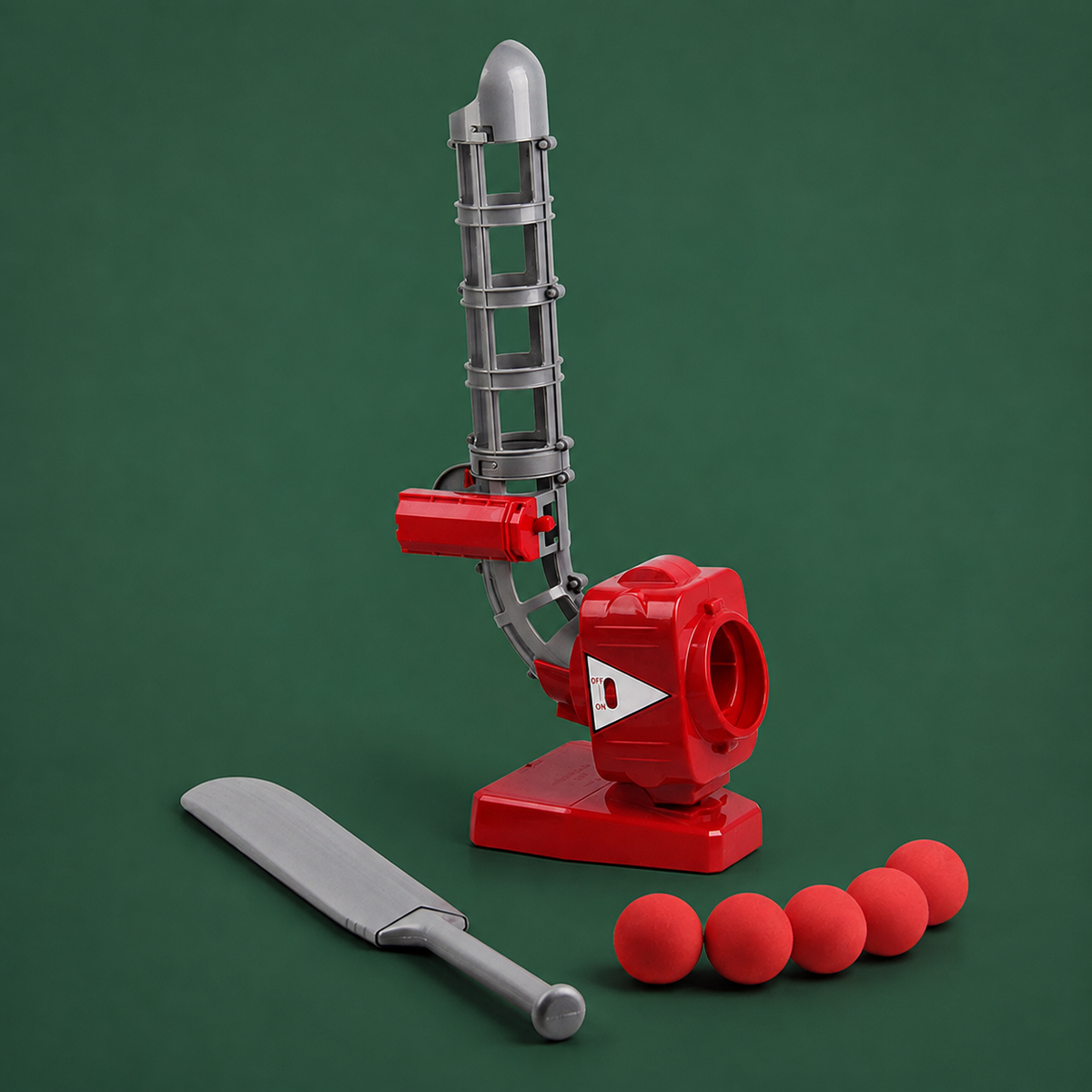 Automatic cricket ball pitcher set on Court District green background