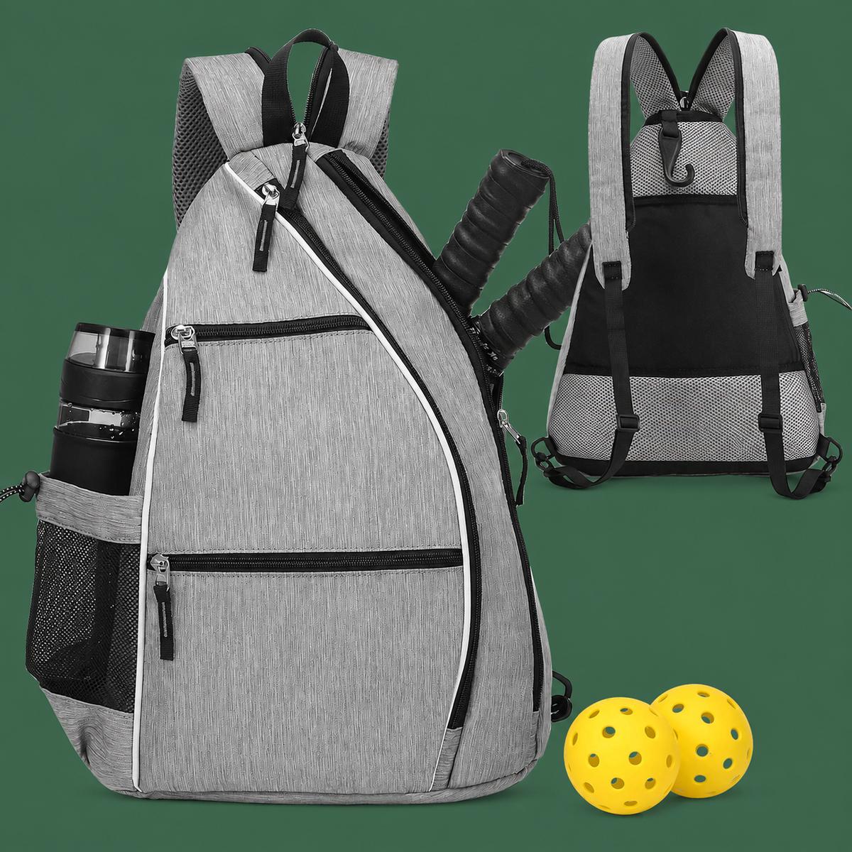 Grey convertible pickleball backpack on green background