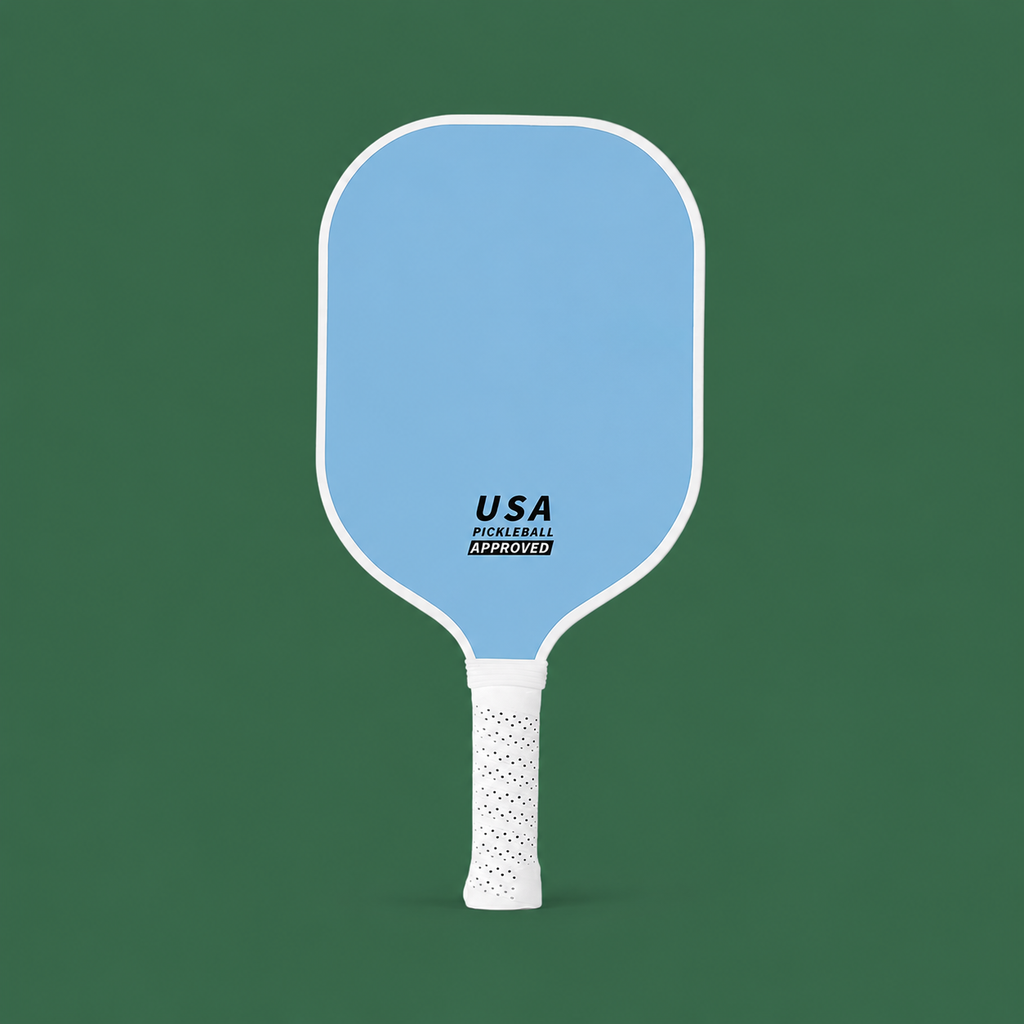 Blue fibreglass pickleball paddle on Court District green background