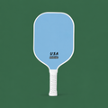 Blue fibreglass pickleball paddle on Court District green background