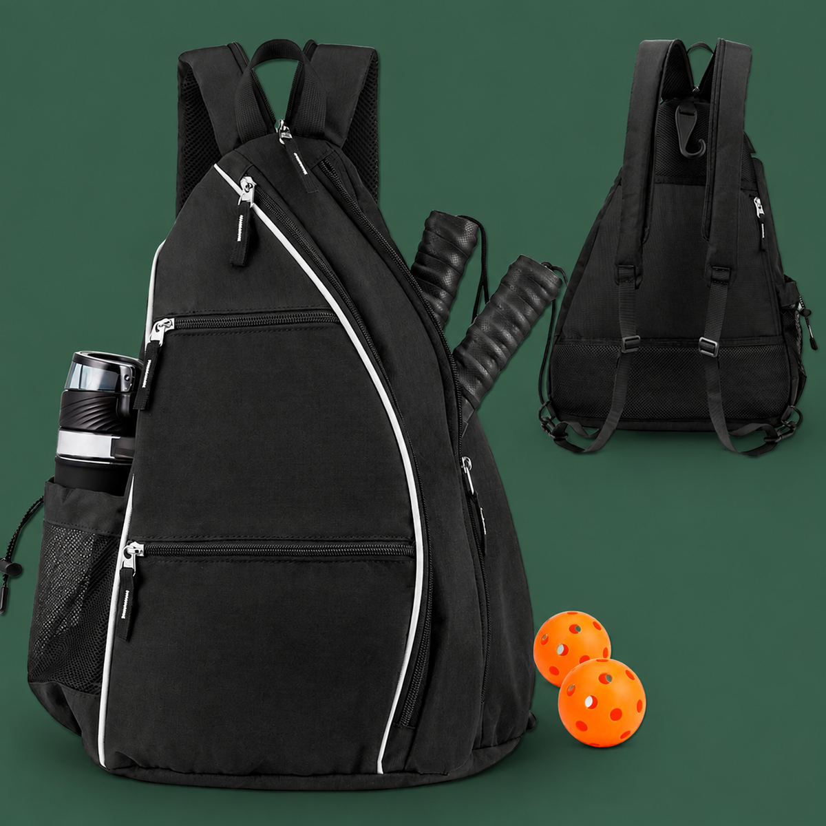 Black convertible pickleball backpack on Court District green background