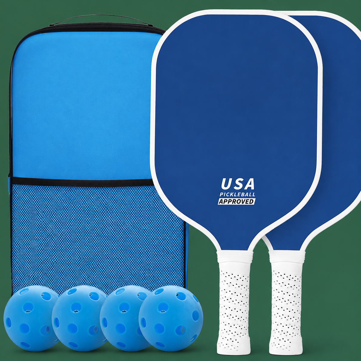 Fibreglass pickleball paddle set on Court District green background