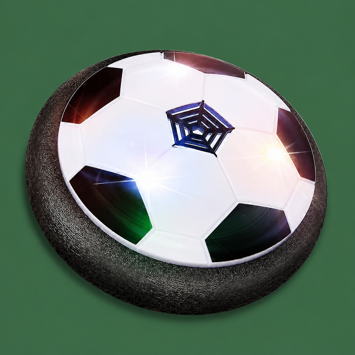 Hover soccer ball for indoor play on Court District green background