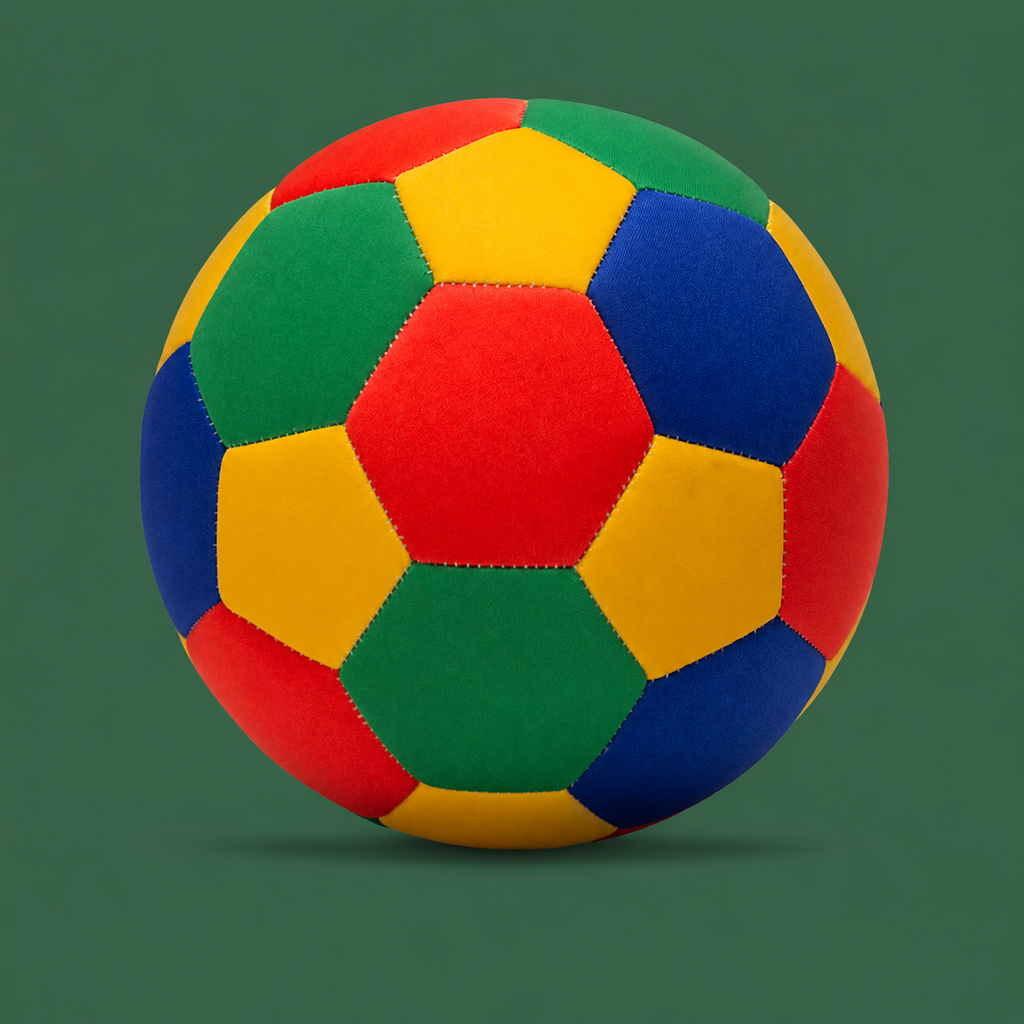 Colourful soft indoor soccer ball on Court District green background