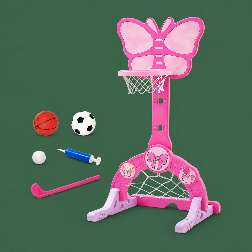 3-in-1 kids basketball soccer and golf set in pink on green background