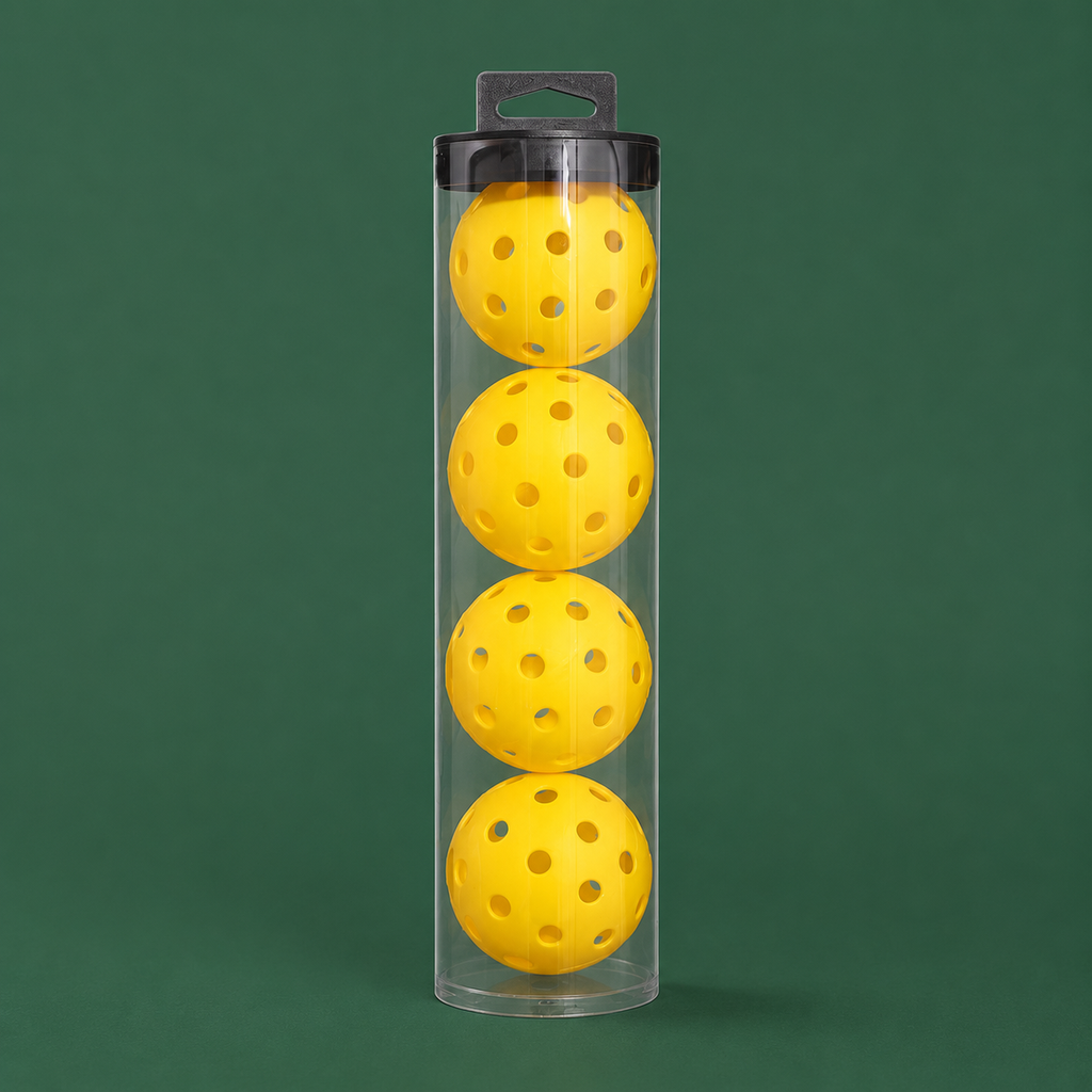 Outdoor pickleball balls in carry tube on Court District green background