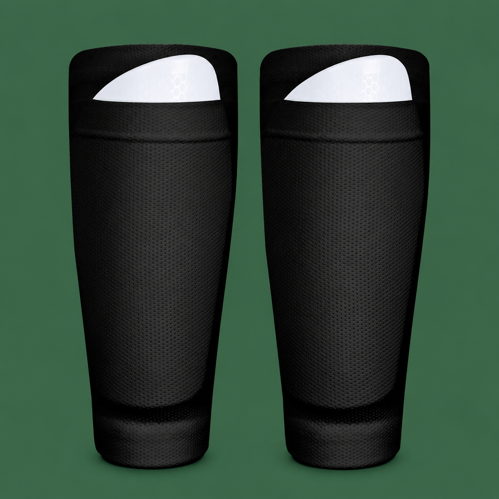 Black soccer shin guard socks on green background