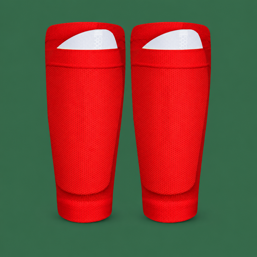 Red soccer shin guard socks on green background