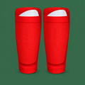 Red soccer shin guard socks on green background