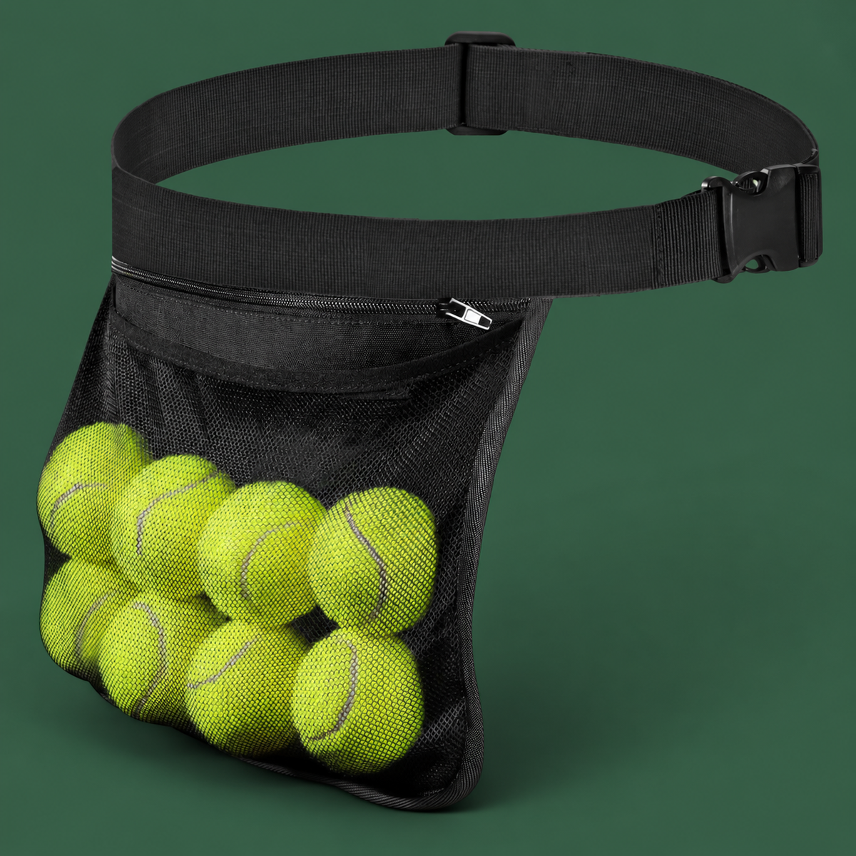 Tennis and pickleball waist ball holder on Court District green background