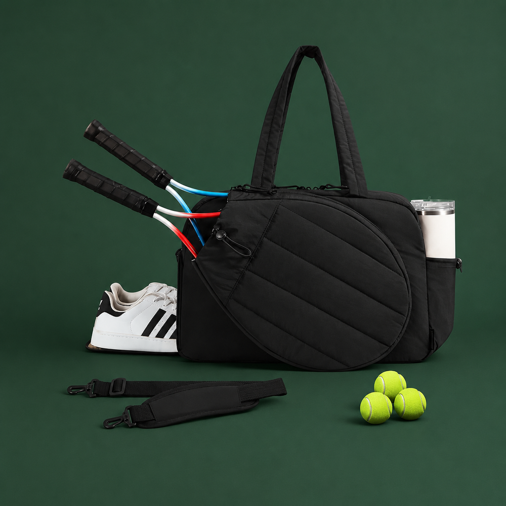 Black women's tennis tote on Court District green background