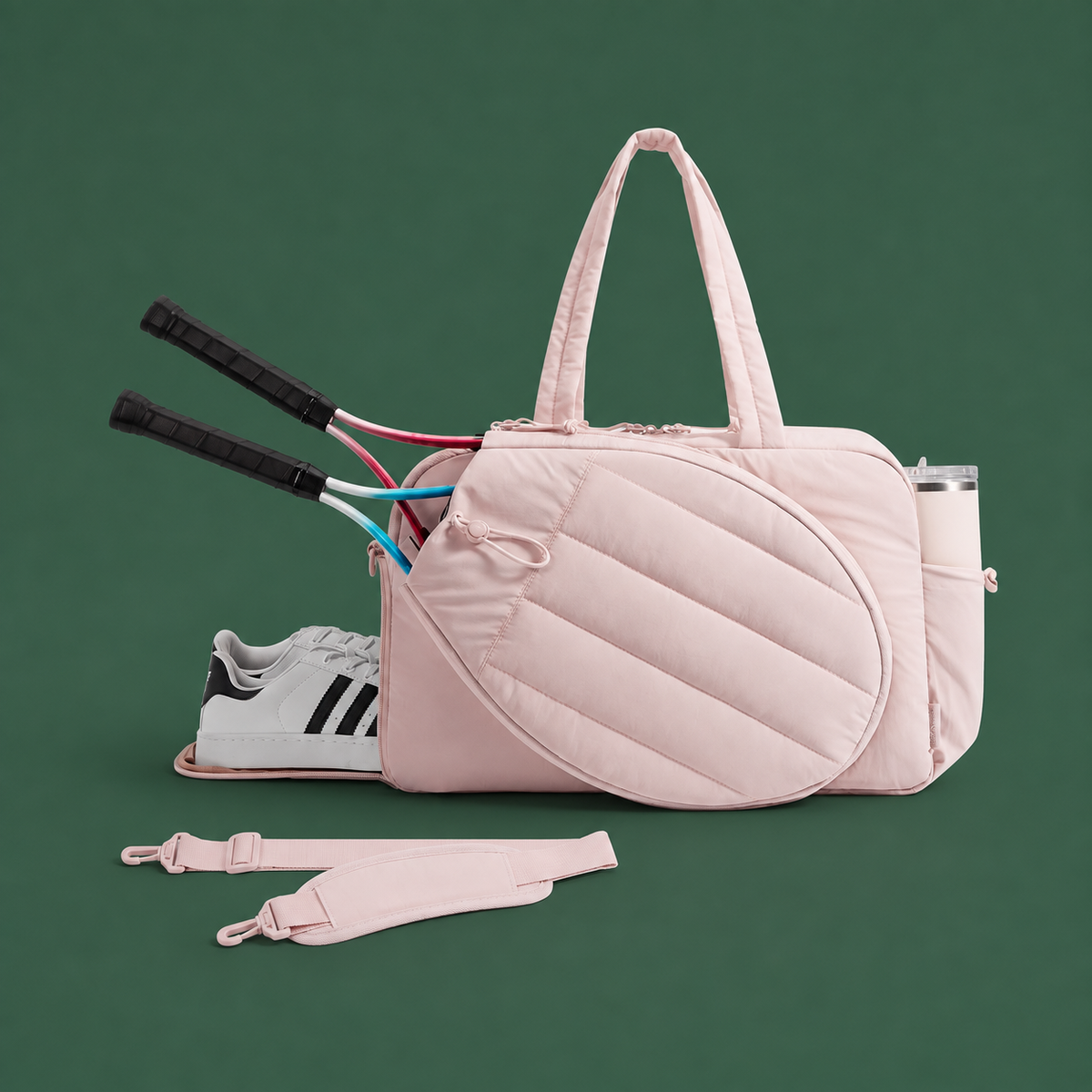 Pink women's tennis tote on Court District green background