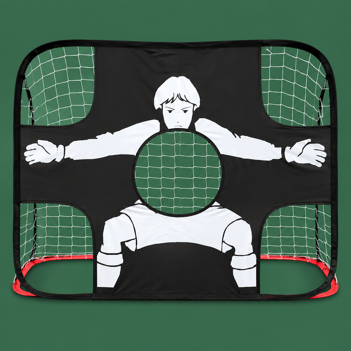 Portable foldable soccer goal with target sheet on Court District green