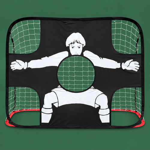 Portable foldable soccer goal with target sheet on Court District green