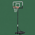 A portable basketball hoop with a black metal pole, white backboard and net, and orange rim, shown against a solid green background.