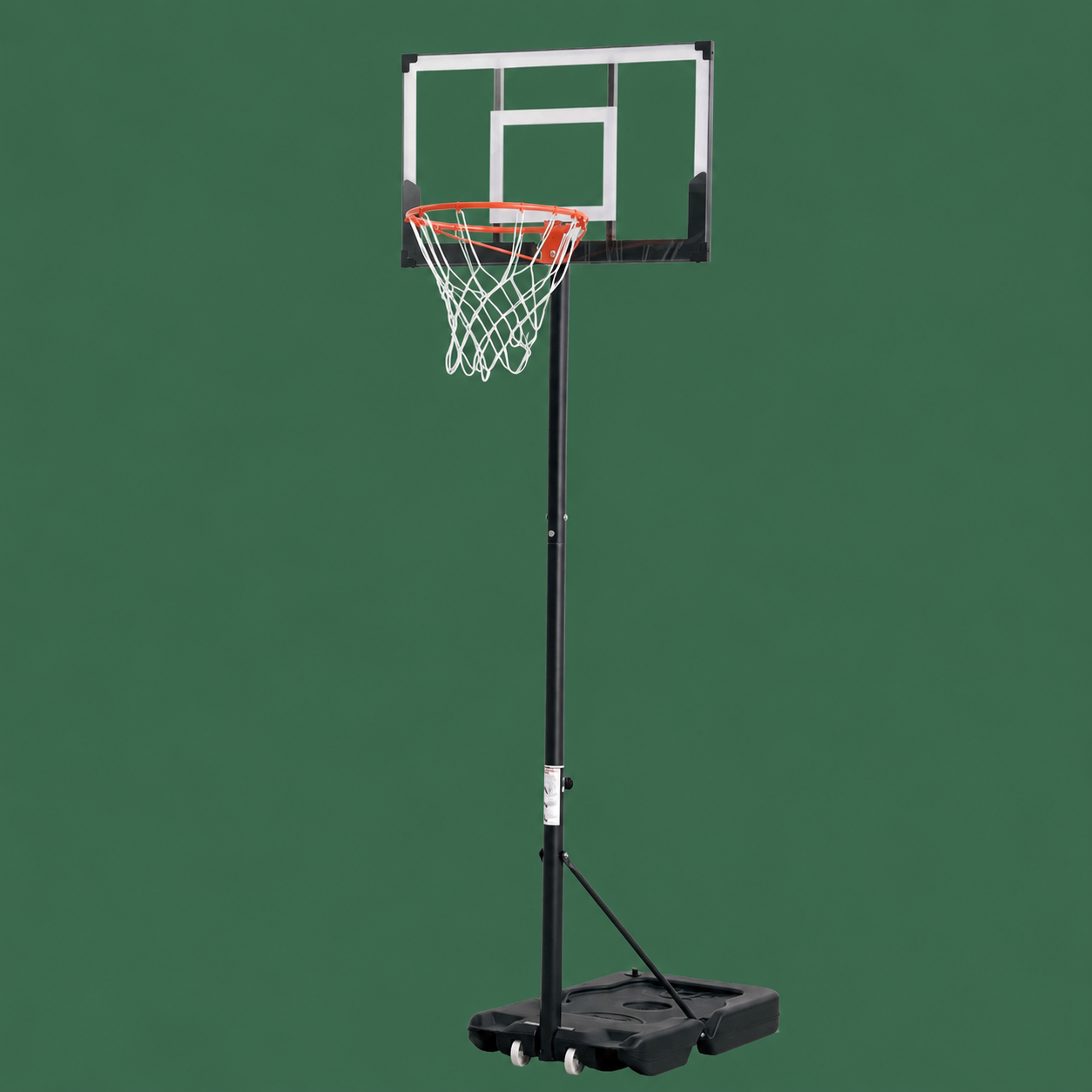 A portable basketball hoop with a black metal pole, white backboard and net, and orange rim, shown against a solid green background.