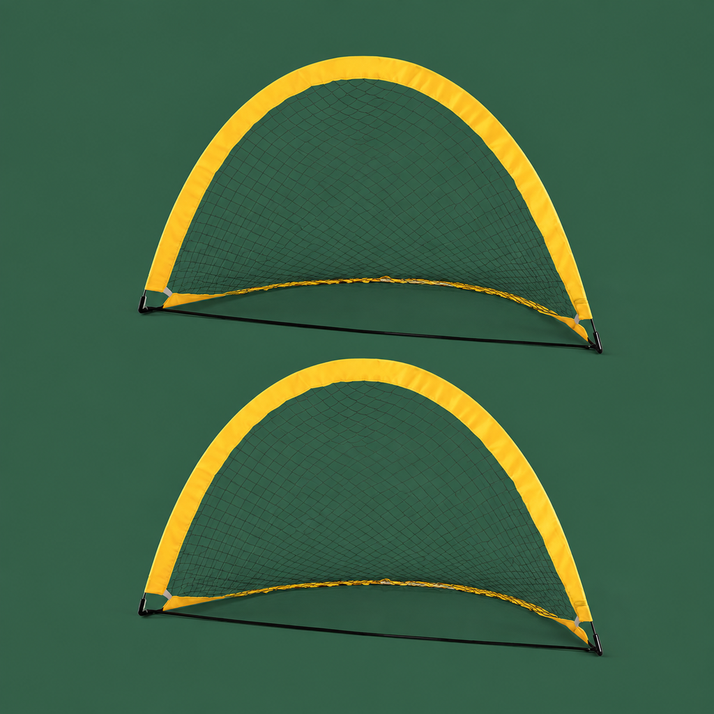 Pair of Summit yellow pop-up soccer goals on Court District green