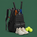 Multi-pocket tennis backpack with racquets on Court District green