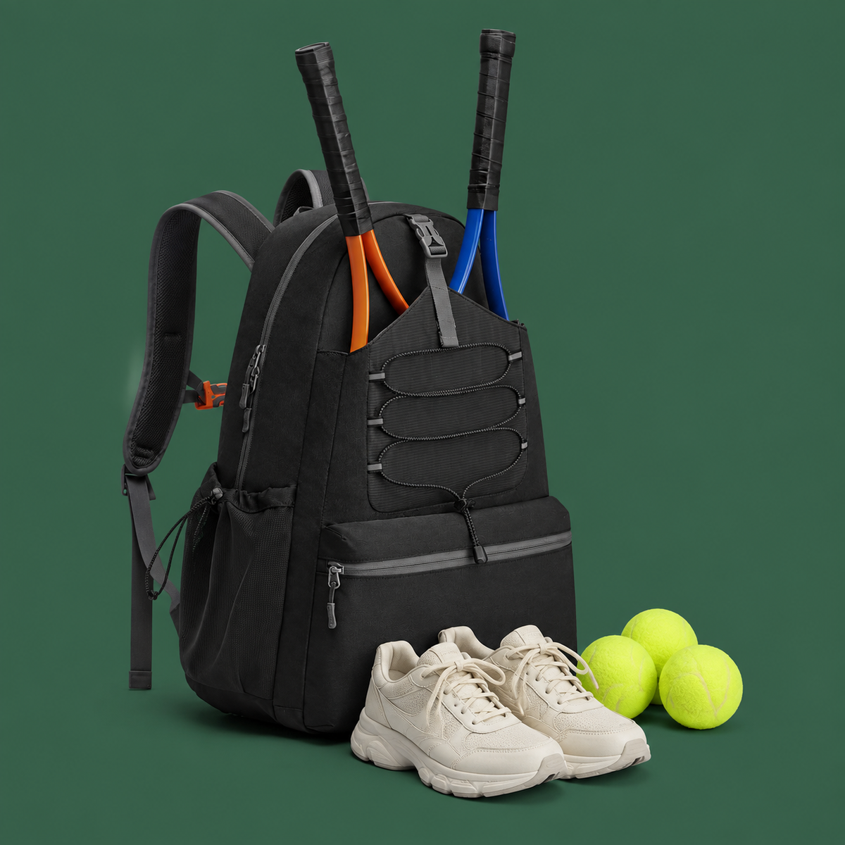 Multi-pocket tennis backpack with racquets on Court District green